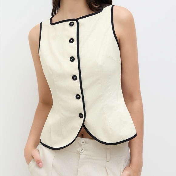 Cider Tops - Cider Cream Sleeveless Peplum Top with Black Piping